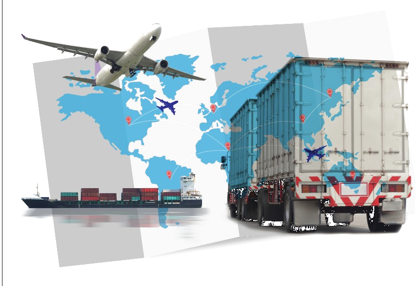 Logística global de importação — avião, navio e caminhões